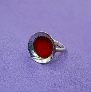 Red enamel sterling silver ring