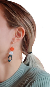 Dangle earrings in Navy Blue, white and orange geometric shapes