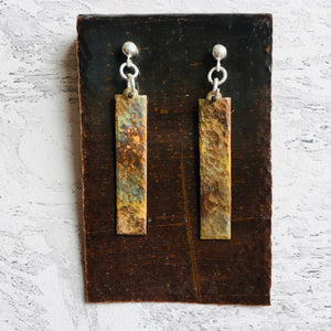Drop Earrings, patinated copper with a hammered finish and natural rainbow colours.