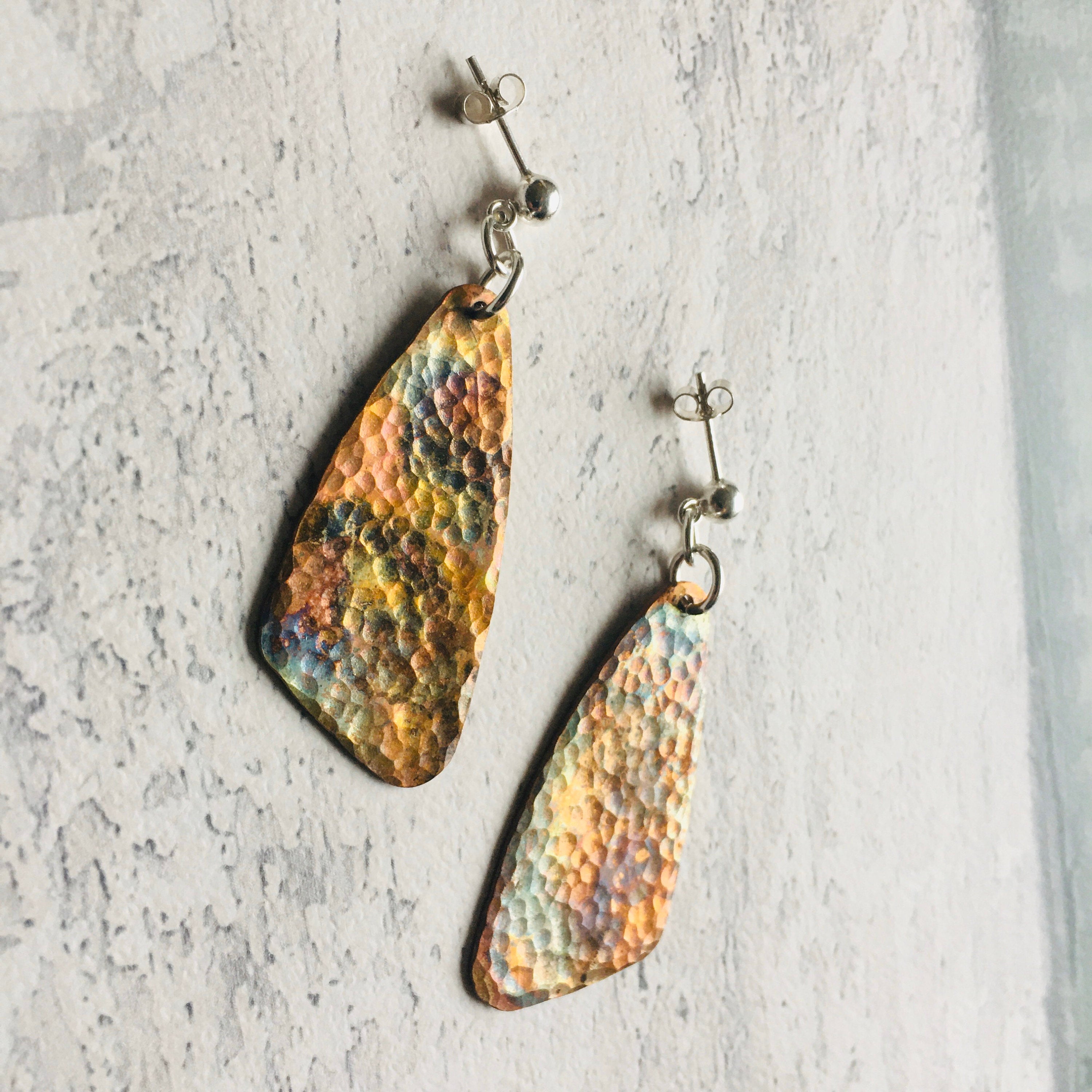 Drop earrings Patina Copper with silver ear findings.