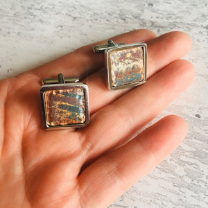 Upcycled Copper Cufflinks . Natural patinated copper set in a silver plated finding. a perfect gift for men.