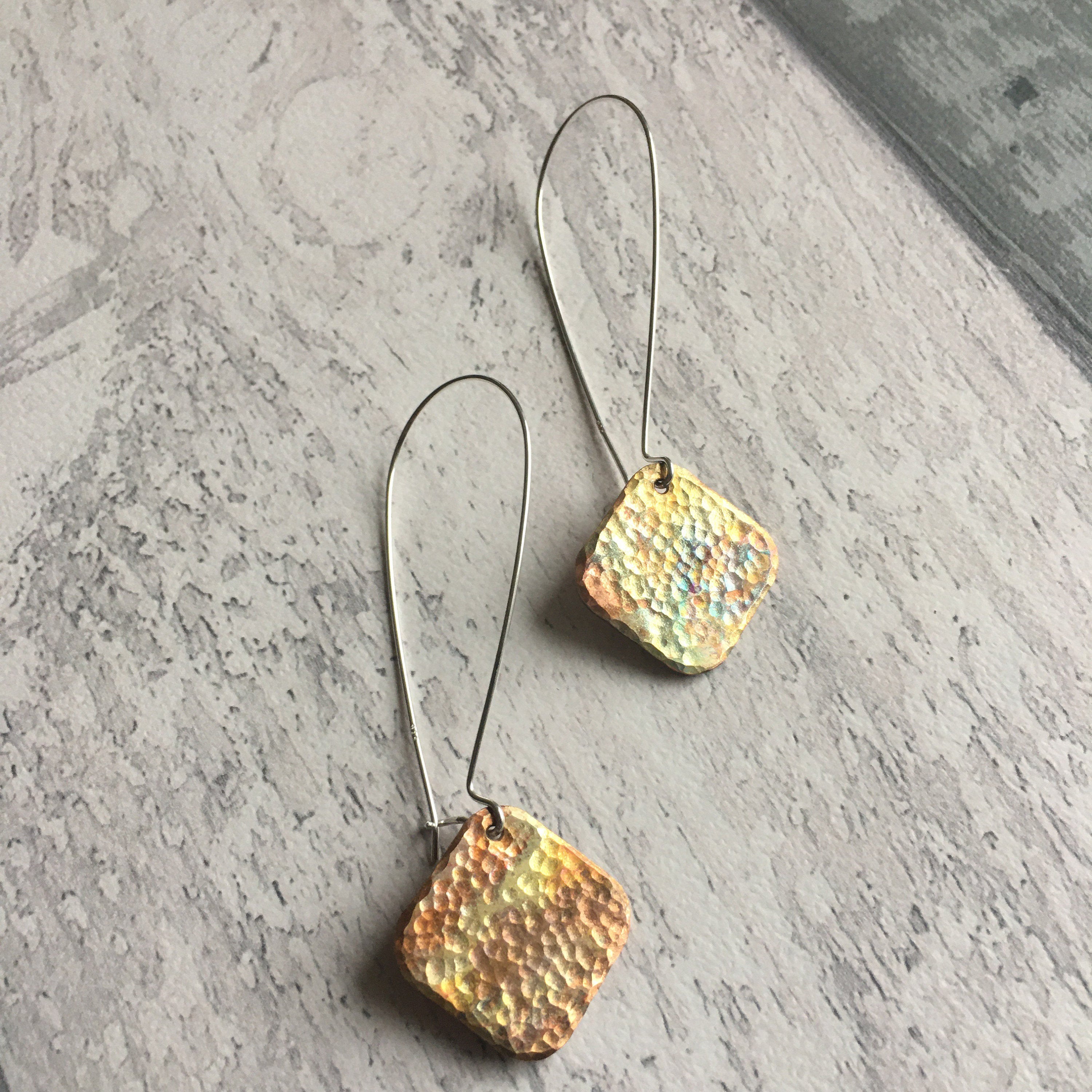 Square Drop Earrings. Patinated and hammered copper with silver ear findings.