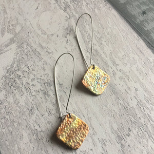 Square Drop Earrings. Patinated and hammered copper with silver ear findings.