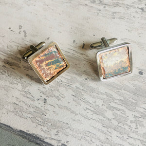 Upcycled Copper Cufflinks . Natural patinated copper set in a silver plated finding. a perfect gift for men.